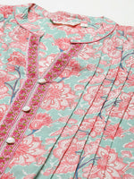 Green & Pink Print Mandarin Collar Cotton A-line Top