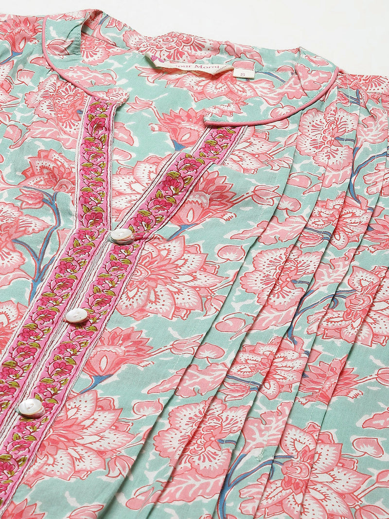 Green & Pink Print Mandarin Collar Cotton A-line Top