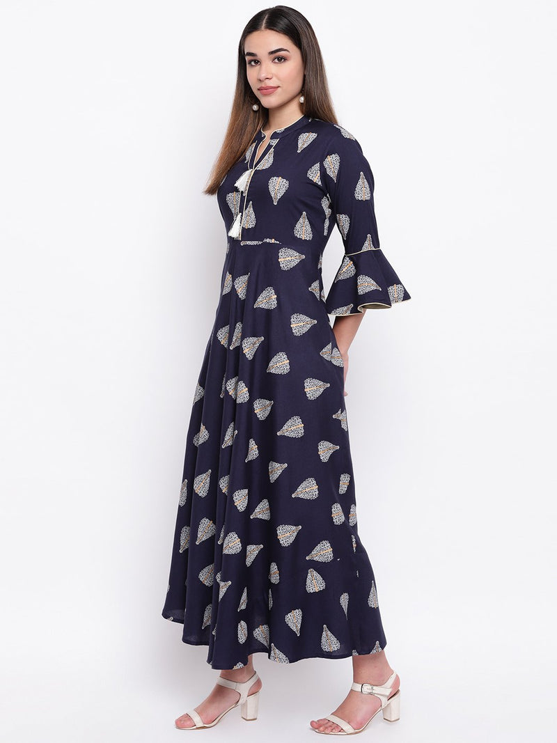 whl Navy Blue Rayon Printed Maxi Dress