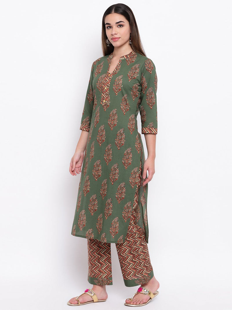 whl Green Printed Cotton Kurta-Palazzo Set