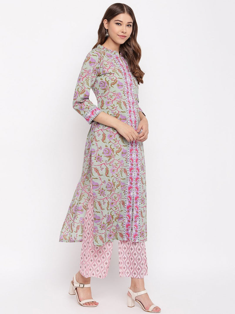 whl Green Floral Printed Kurta-Palazzo Set