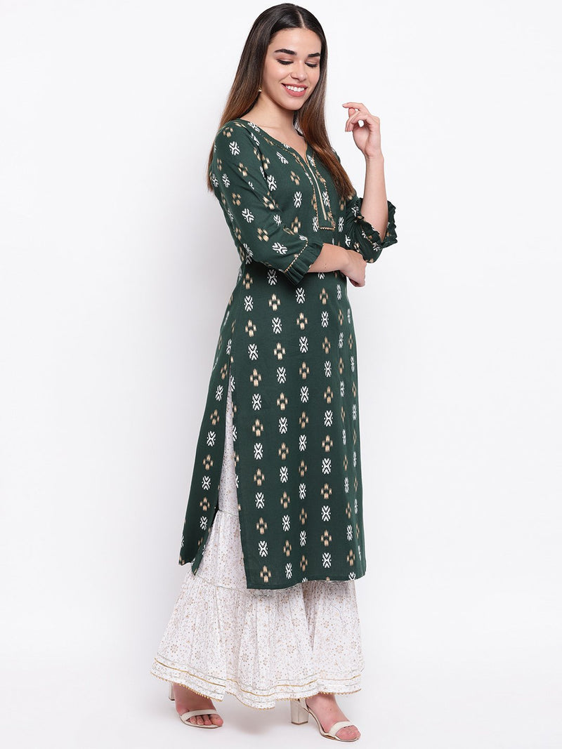whl Green Printed Kurta And Gharara Set