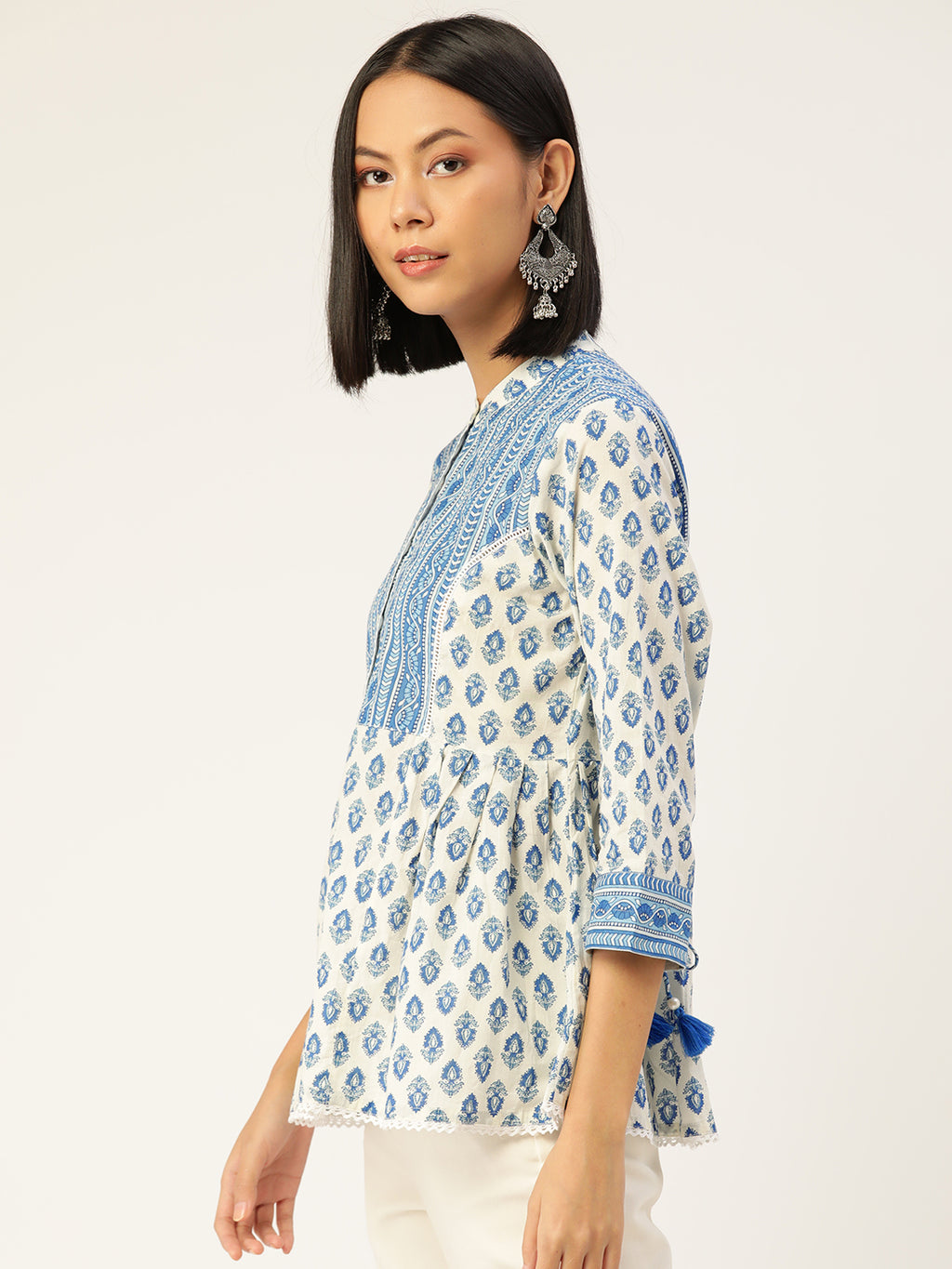 Off White & Blue Print Mandarin Collar Top