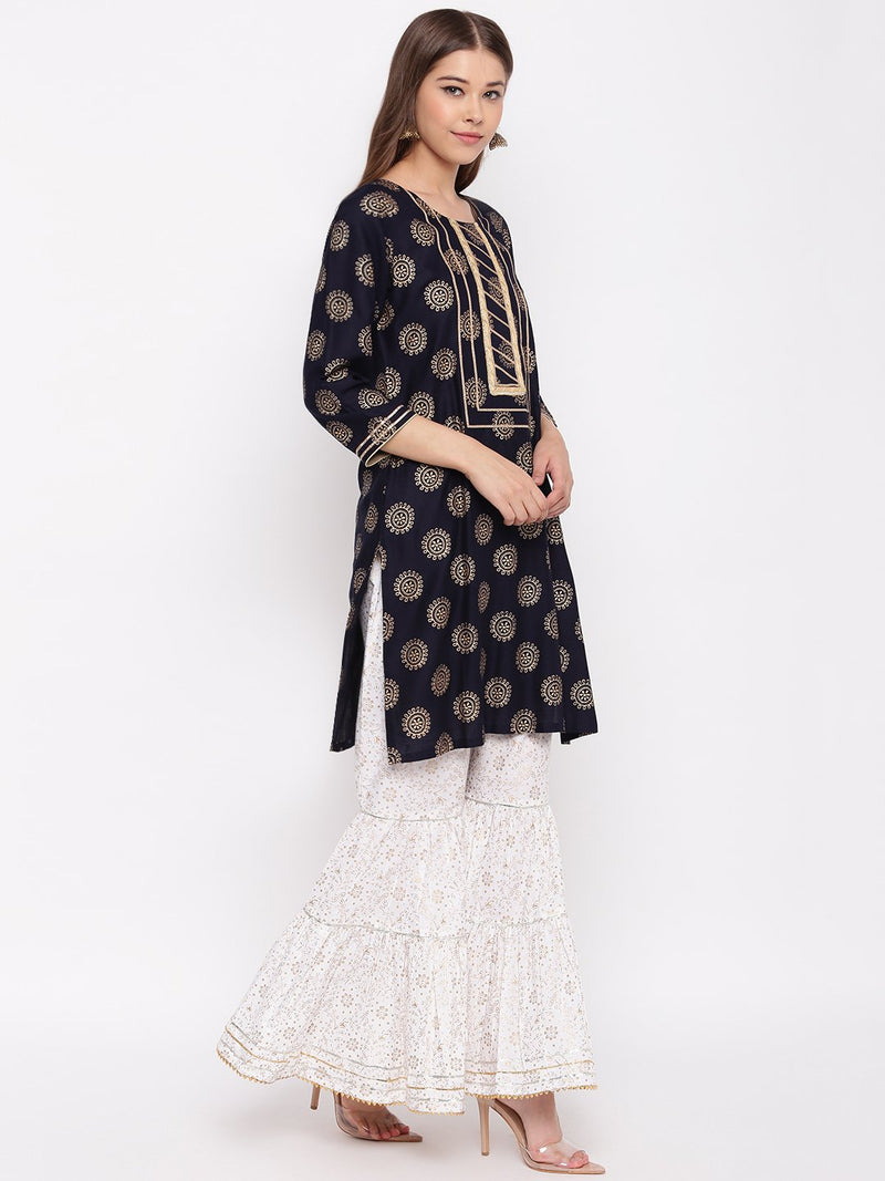 whl Rayon Gold Print Kurti And Gharara Set