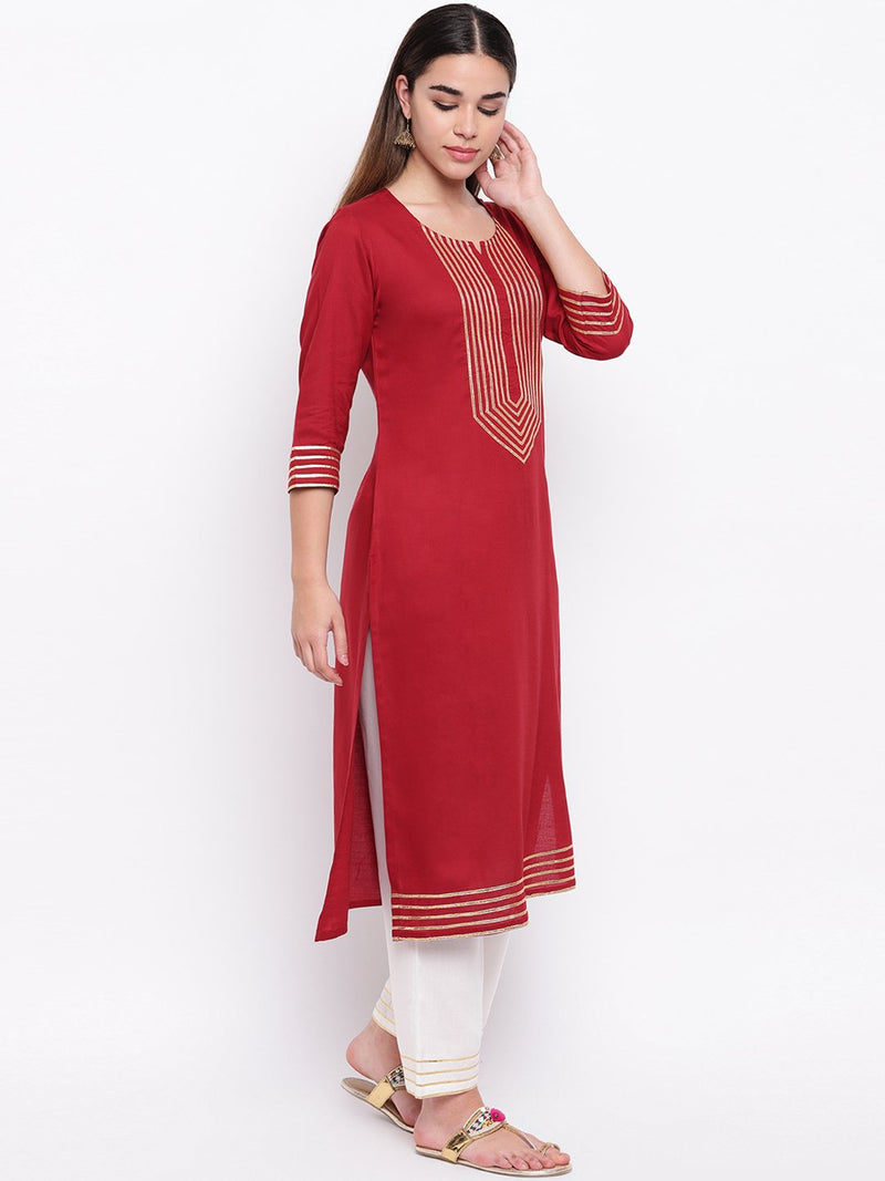 whl Maroon Rayon Gota Lace Kurta & Palazzo Set