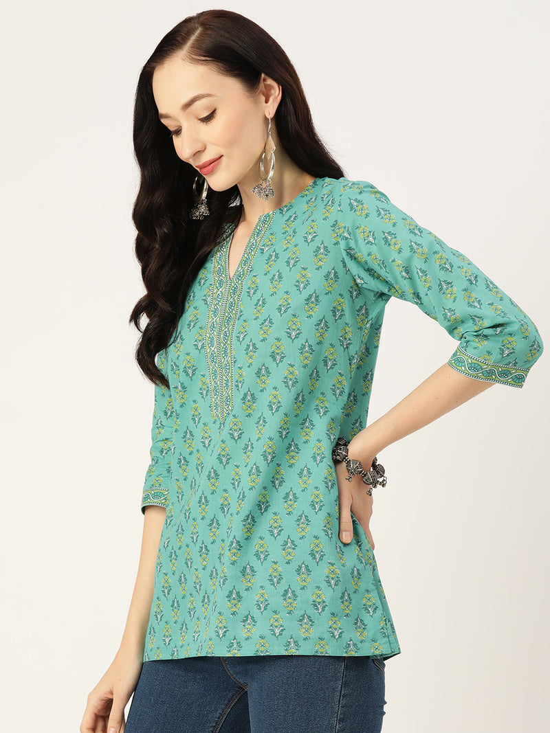 Sea Green Ethnic Motifs Print Pure Cotton Regular Ethnic Top