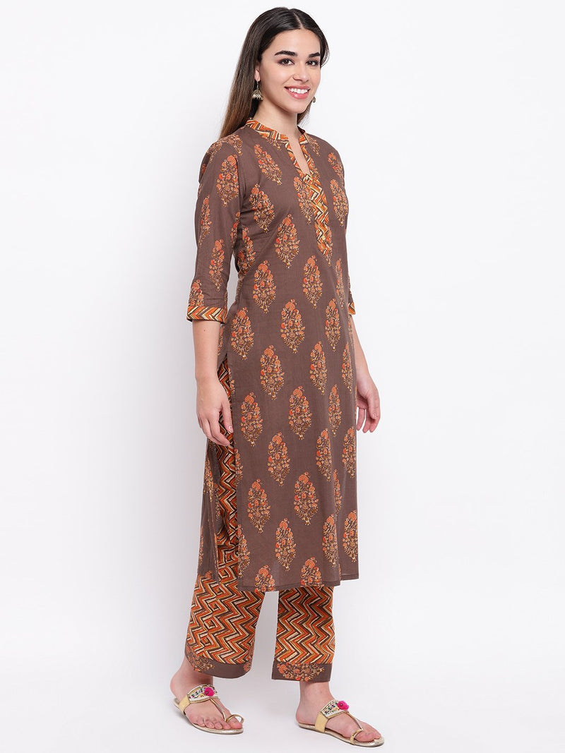 whl Grey Printed Cotton Kurta-Palazzo Set