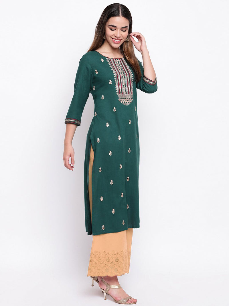 whl Green Rayon Embroidered Kurta
