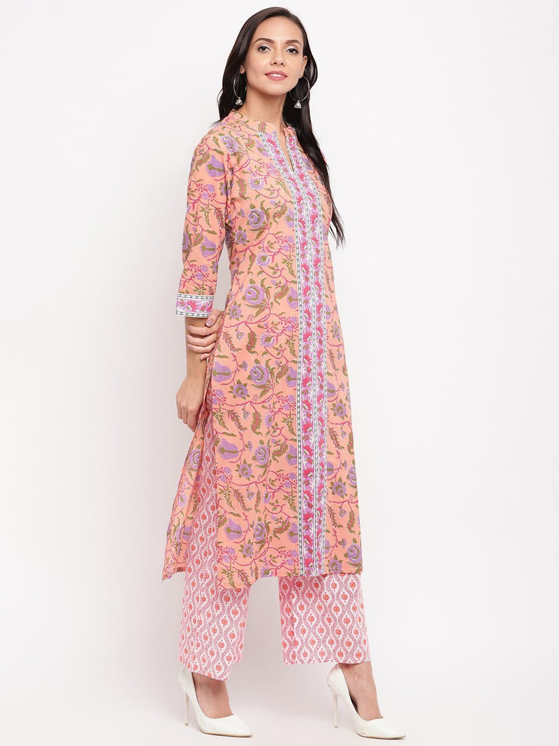 whl Peach Floral Printed Kurta-Palazzo Set