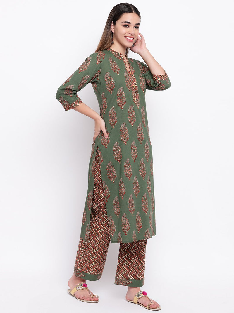 whl Green Printed Cotton Kurta-Palazzo Set