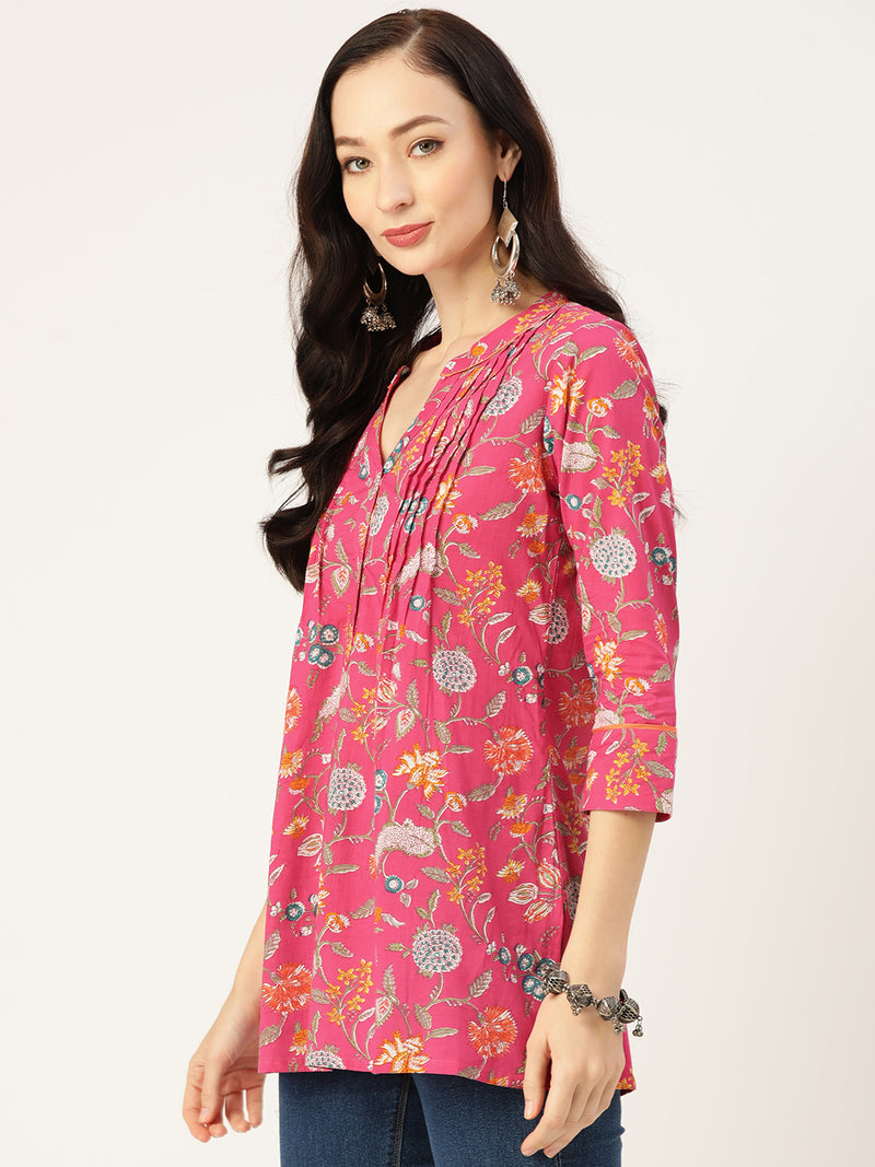 Pink Floral Print Gathered or Pleated Pure Cotton Regular Ethnic Top