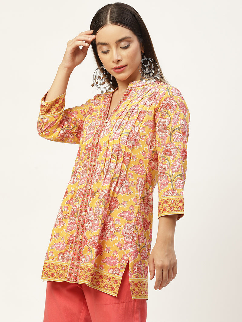 Yellow & Pink Print Mandarin Collar Cotton A-line Top