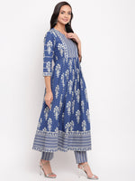 Jharokha Indigo printed Anarkali Kurta and Pants Set