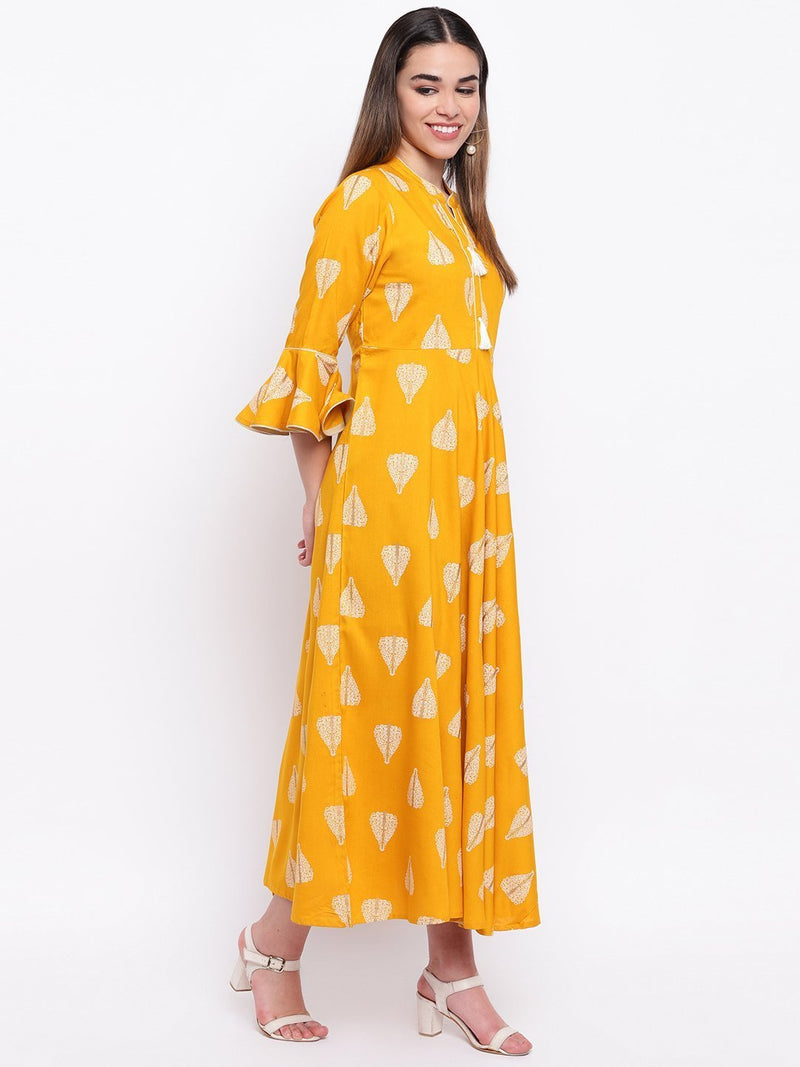 whl Mustard Rayon Printed Maxi Dress
