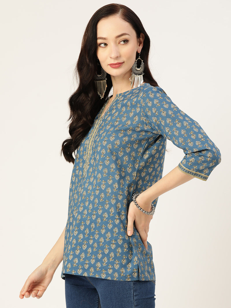 Blue Ethnic Motifs Print Pure Cotton Regular Ethnic Top