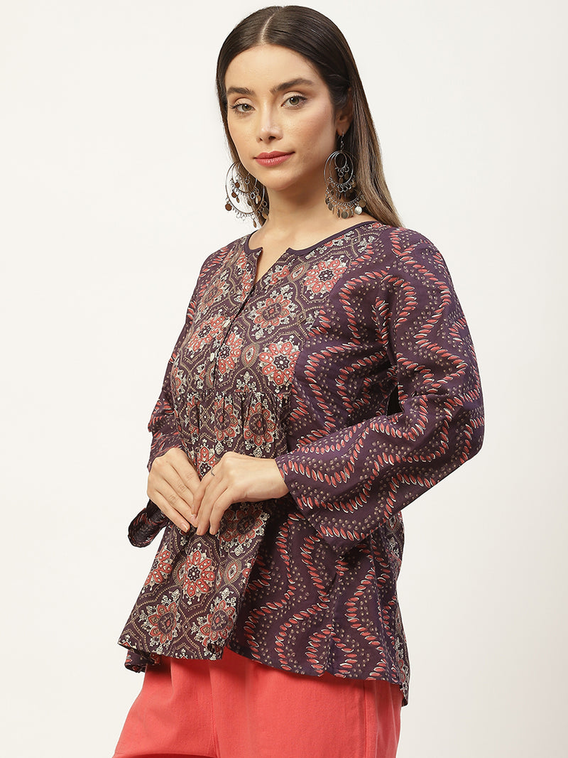 Purple Print Cotton A-Line Top