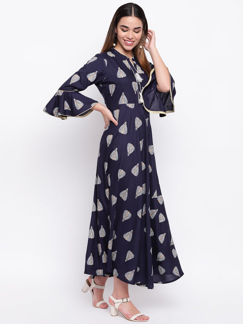 whl Navy Blue Rayon Printed Maxi Dress