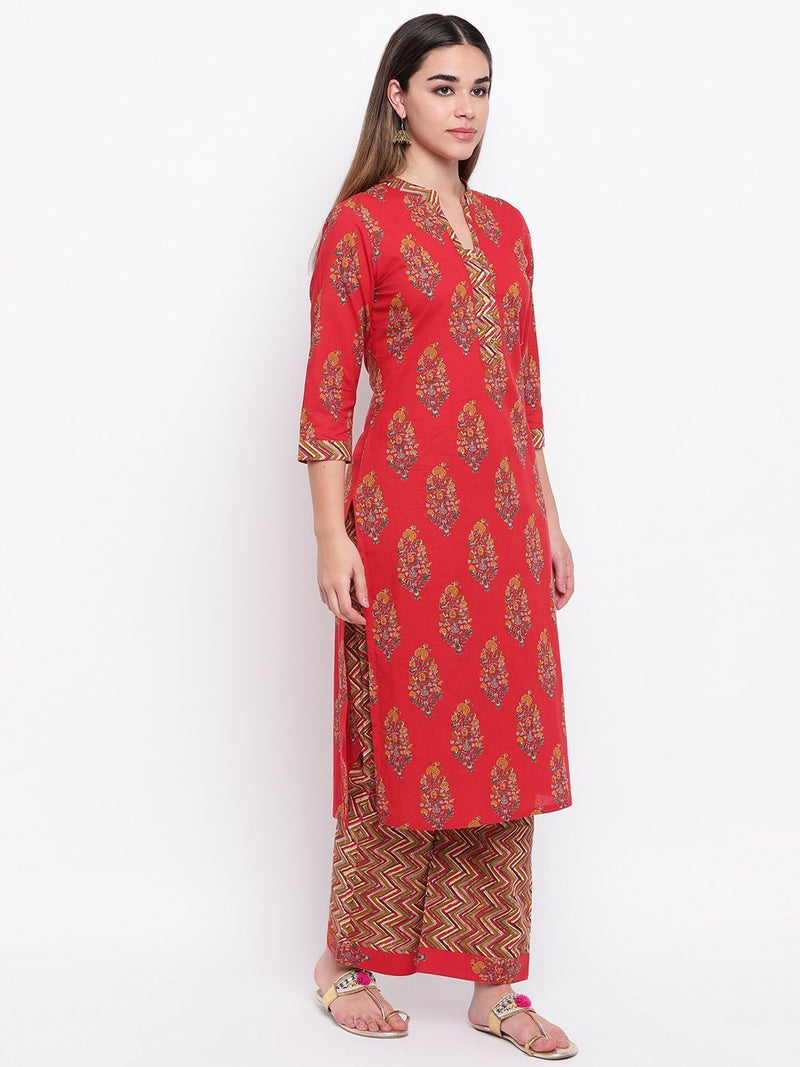 whl Red Printed Cotton Kurta-Palazzo Set