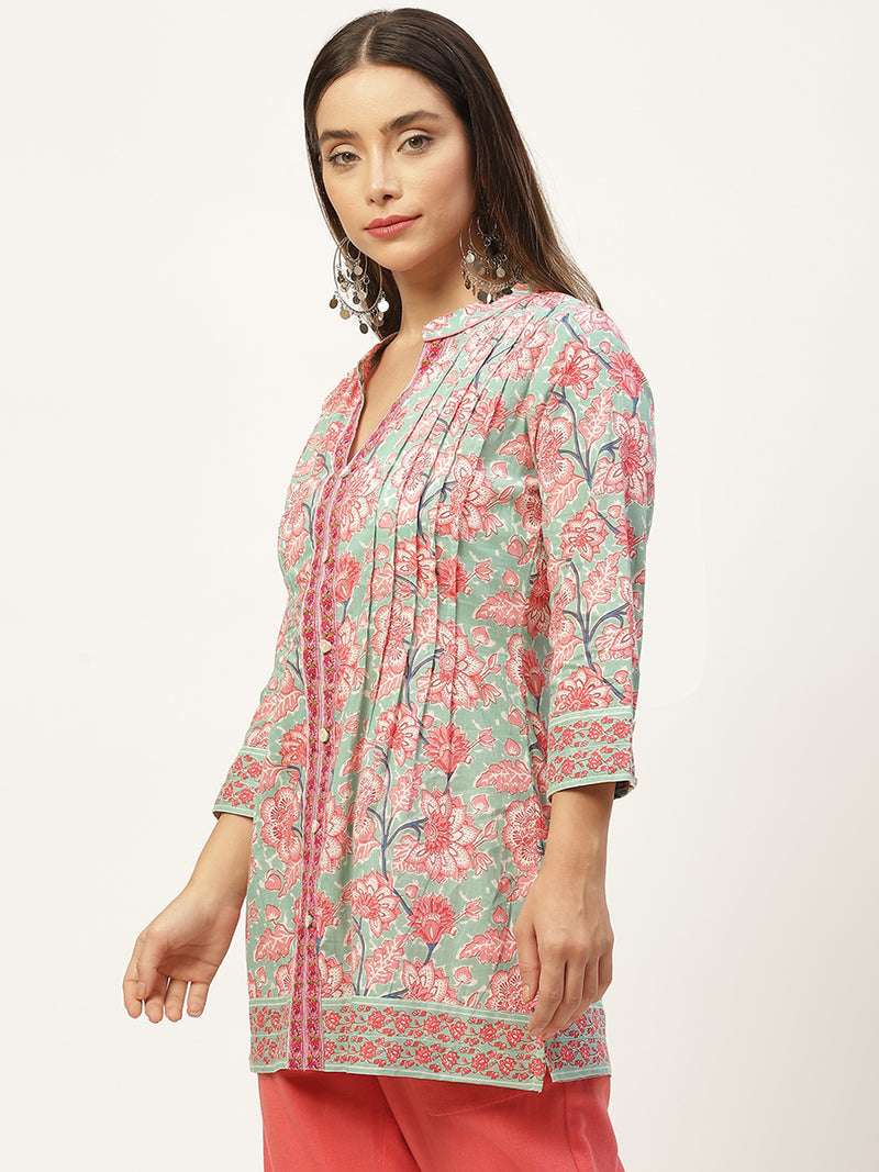 Green & Pink Print Mandarin Collar Cotton A-line Top