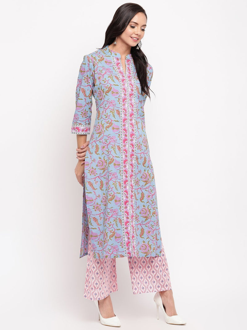 whl Blue Floral Printed Kurta-Palazzo Set