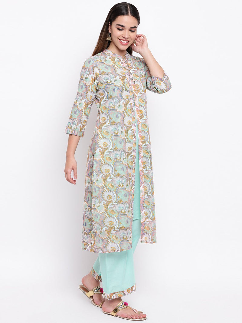 whl Green Printed Inner-Jacket Attached & Palazzo Set
