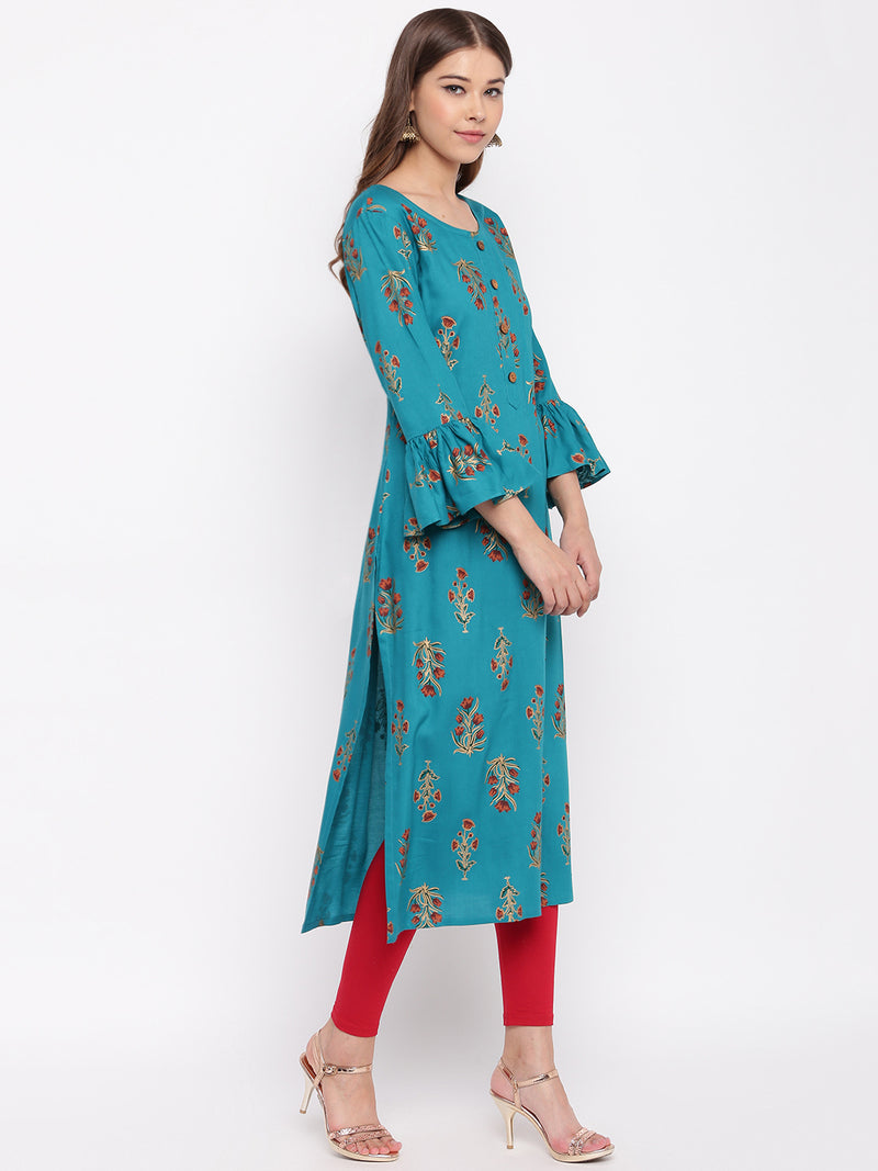 whl Blue Rayon Gold Print Kurti