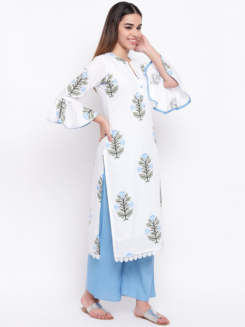 whl White Rayon Printed Kurta & Palazzo Set