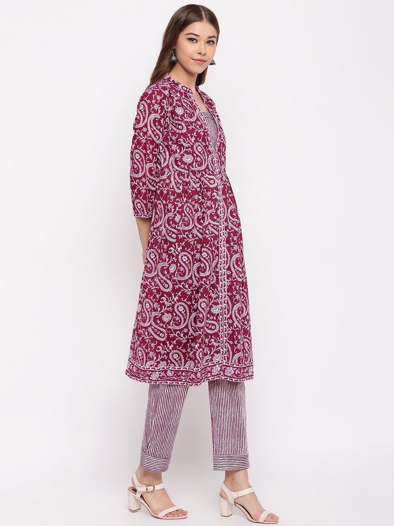 whl Wine Paisley Printed Kurta-Pants Set