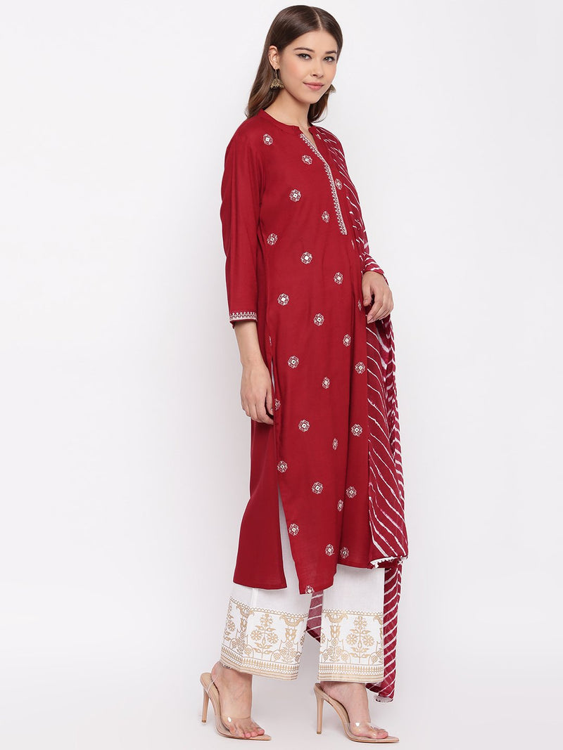 whl Maroon Rayon Embroidered Kurta With Palazzo And Dupatta