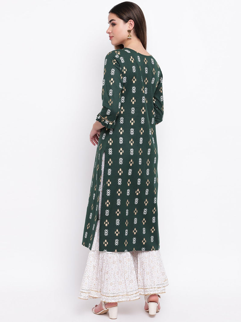 whl Green Printed Kurta And Gharara Set