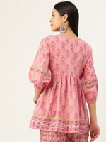 Pink Floral Print Cotton Empire Top
