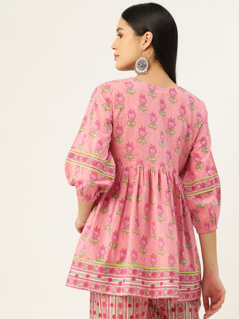 Pink Floral Print Cotton Empire Top