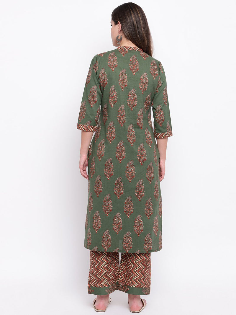 whl Green Printed Cotton Kurta-Palazzo Set