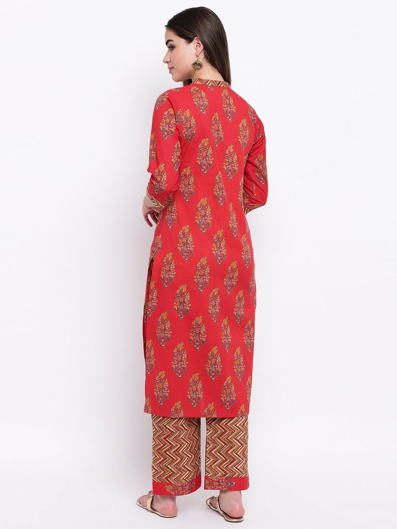 whl Red Printed Cotton Kurta-Palazzo Set