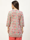 Green & Pink Print Mandarin Collar Cotton A-line Top