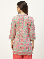 Green & Pink Print Mandarin Collar Cotton A-line Top