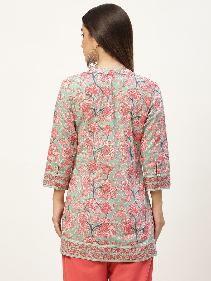 Green & Pink Print Mandarin Collar Cotton A-line Top