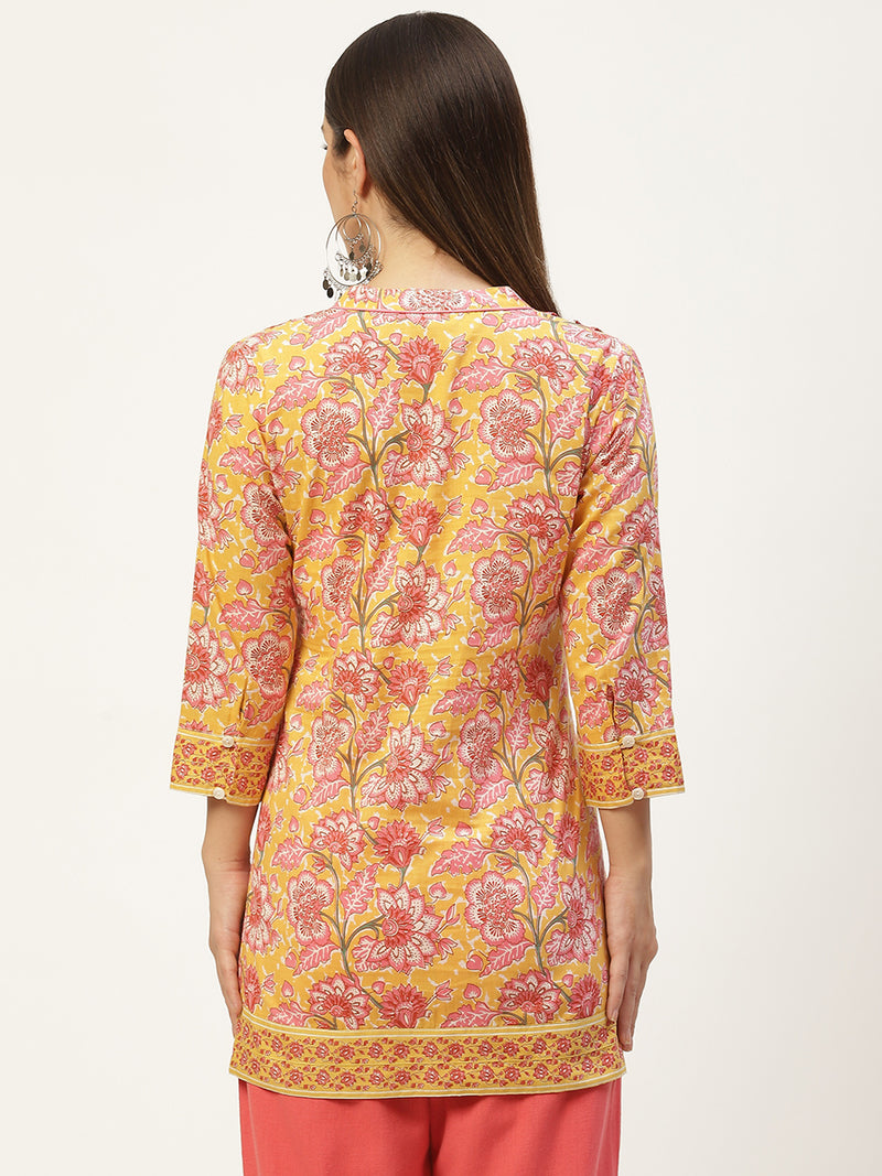 Yellow & Pink Print Mandarin Collar Cotton A-line Top