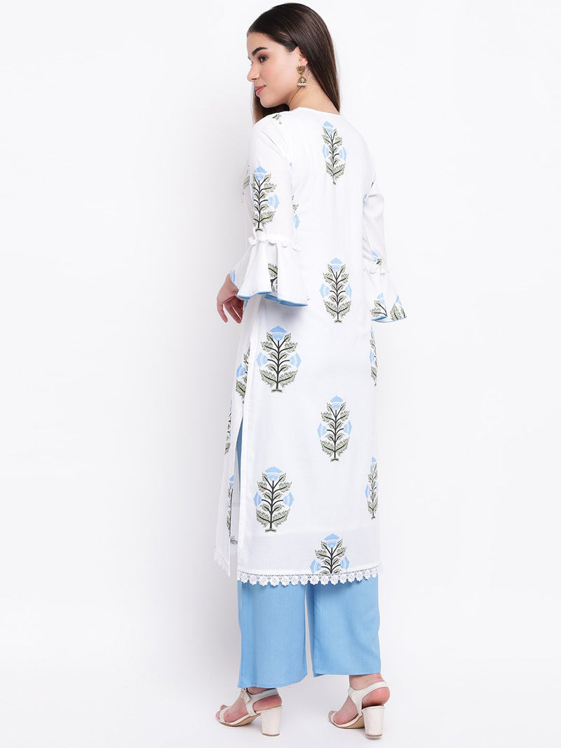 whl White Rayon Printed Kurta & Palazzo Set