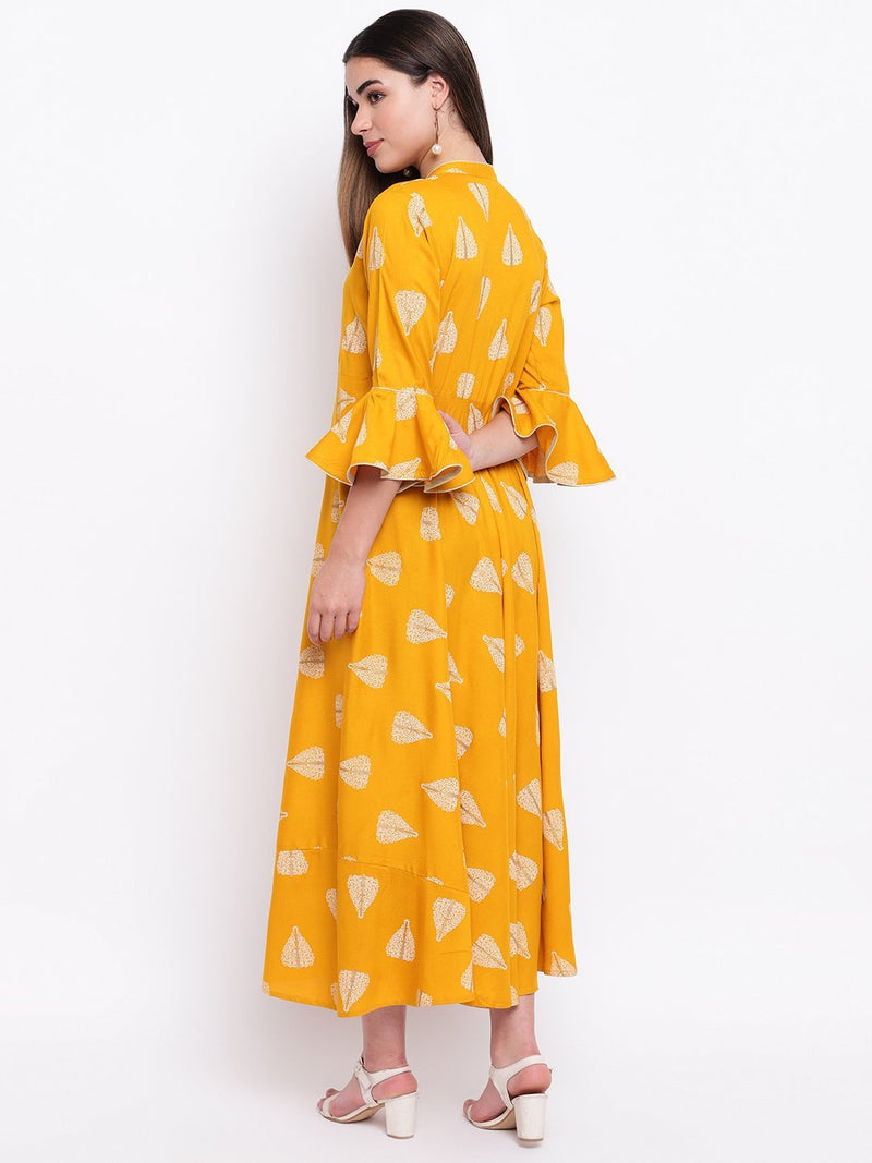 Mustard Rayon Printed Maxi Dress