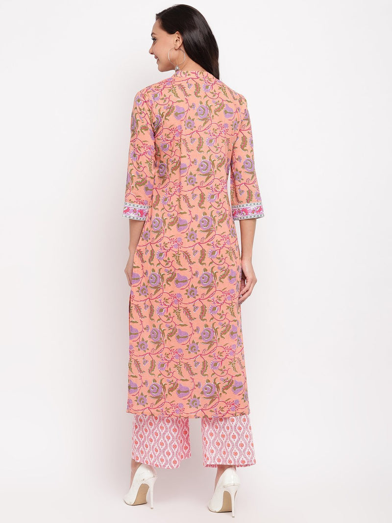 whl Peach Floral Printed Kurta-Palazzo Set