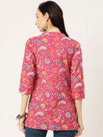 Pink Floral Print Gathered or Pleated Pure Cotton Regular Ethnic Top