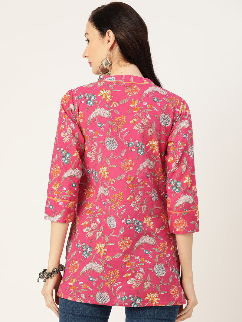 Pink Floral Print Gathered or Pleated Pure Cotton Regular Ethnic Top