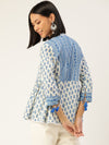 Off White & Blue Print Mandarin Collar Top