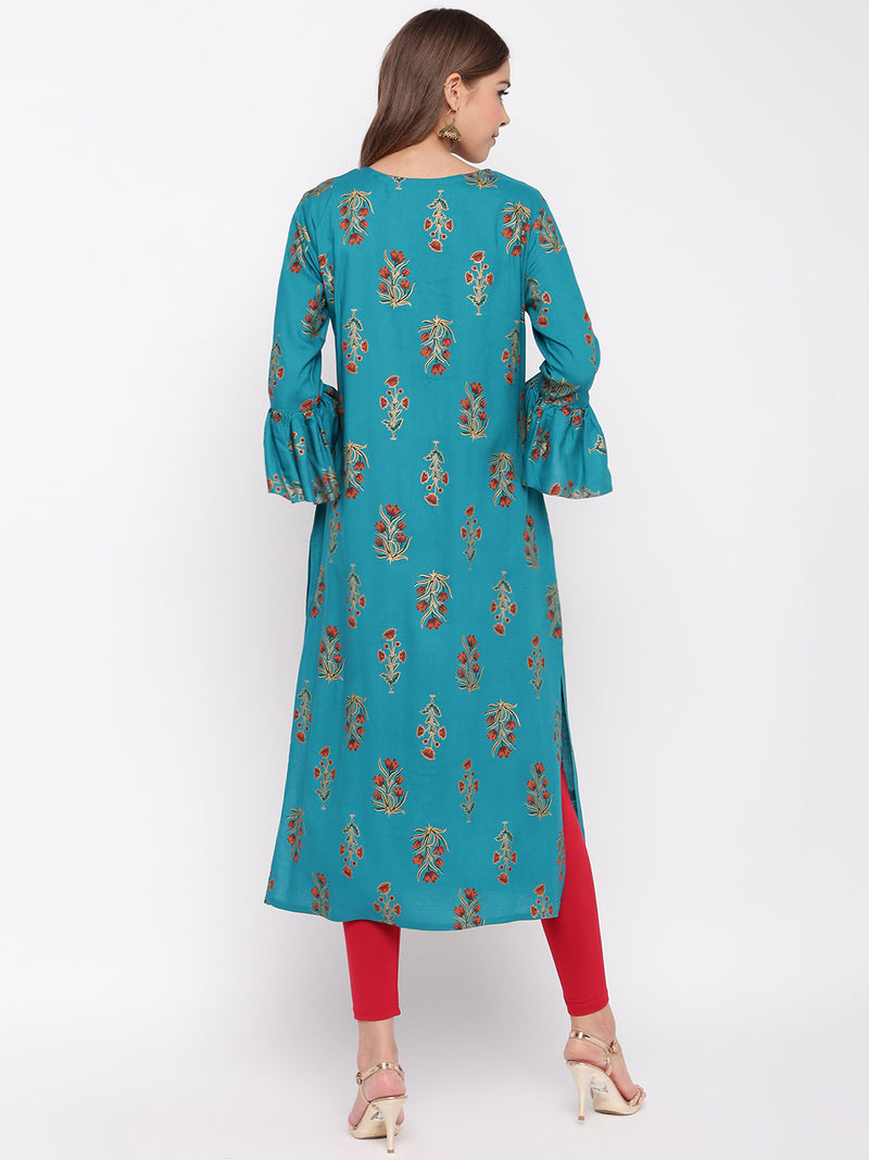 whl Blue Rayon Gold Print Kurti