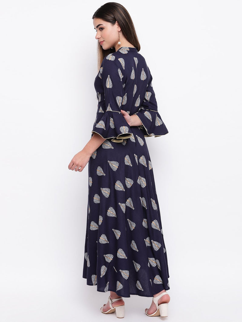 whl Navy Blue Rayon Printed Maxi Dress