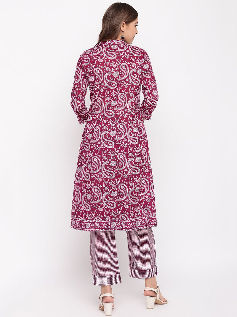 Wine Paisley Printed Kurta-Pants Set