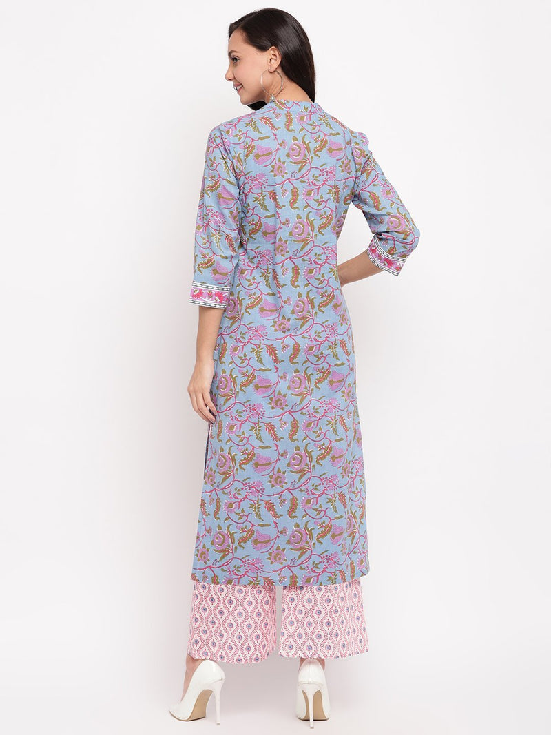 whl Blue Floral Printed Kurta-Palazzo Set