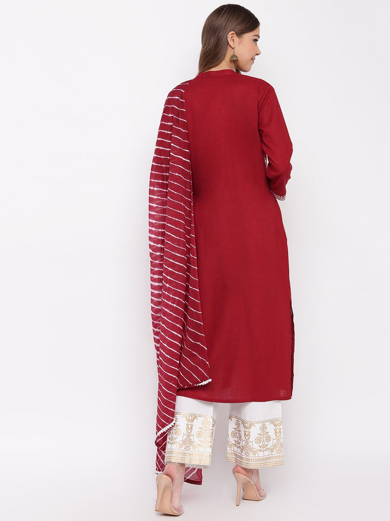 whl Maroon Rayon Embroidered Kurta With Palazzo And Dupatta