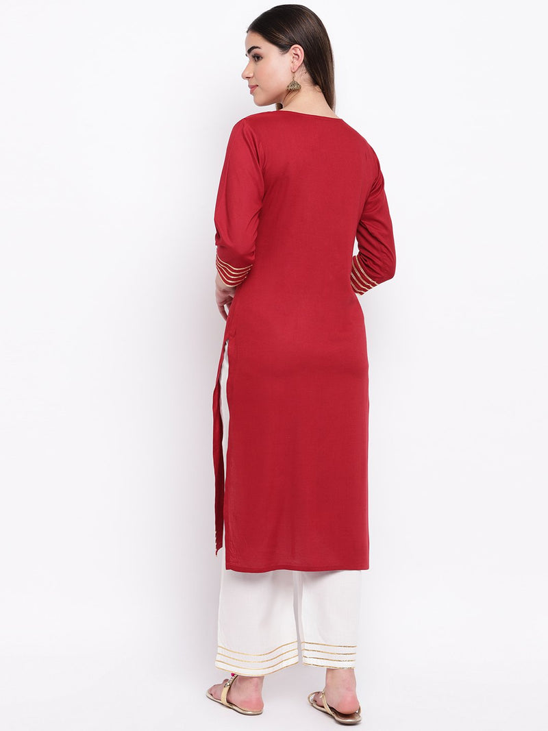 whl Maroon Rayon Gota Lace Kurta & Palazzo Set